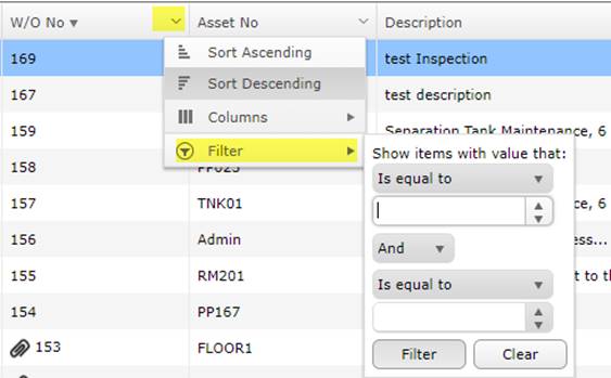 Filtering MEX Work Orer Listing