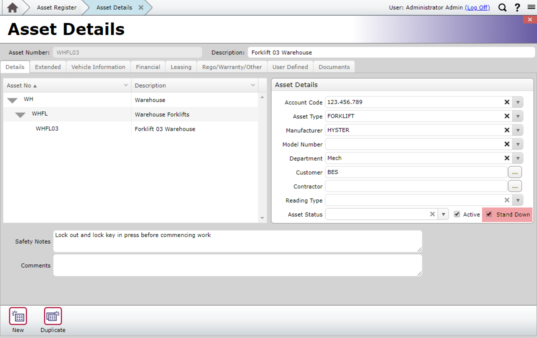 Stand Down Asset Details Example
