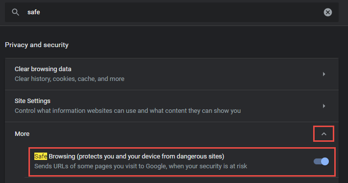 Safe Browsing Chrome Option