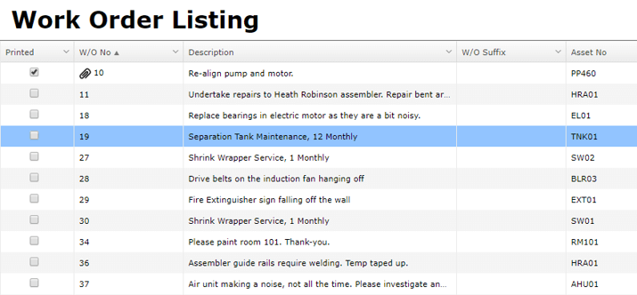 Work Order Listing