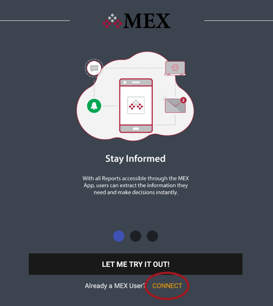 MEX App Welcome Screen