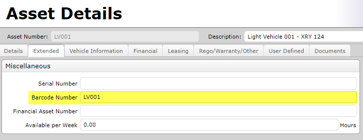 Light Vehicle Asset Barcode