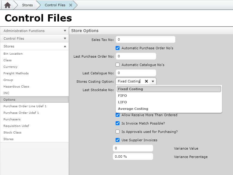 Stores Costing Option