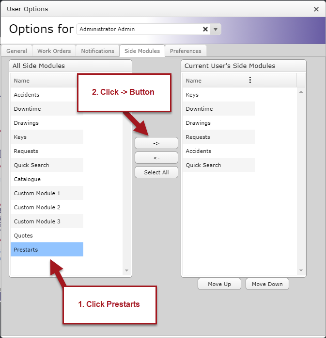 User Options Add Prestarts