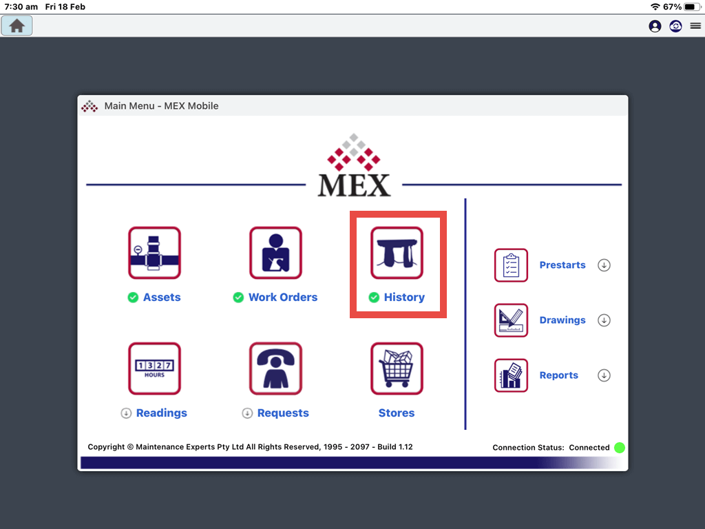 MEX Mobile – Work Order History outlined red