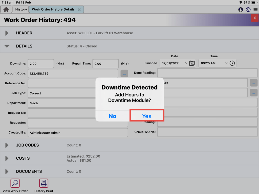 MEX Mobile – Downtime Detected prompt