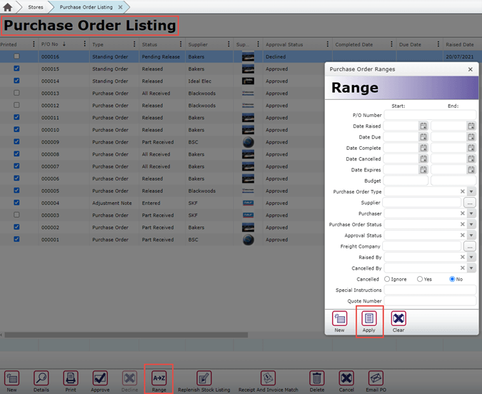 MEX Purchase Order Listing