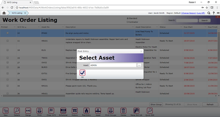 Select Asset for Post Entry WO - Asset Register