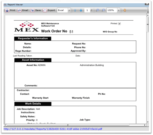 MEX Work Order preview