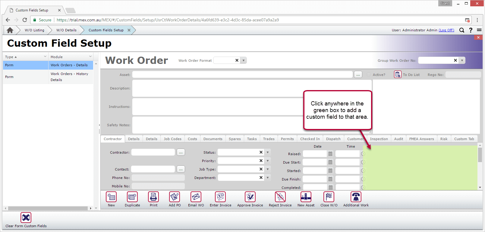 The Custom Fields Setup Screen