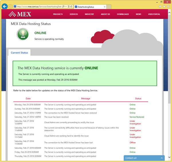 MEX Data Hosting Status Page