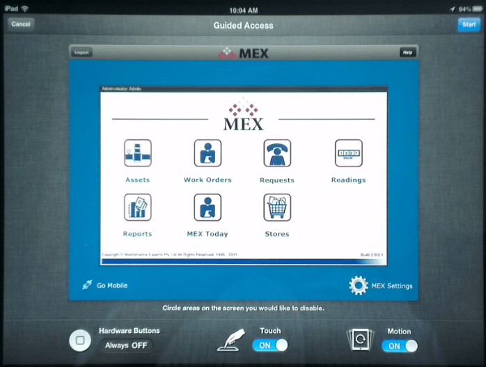 MEX Maintenance Software Guided Access Menu