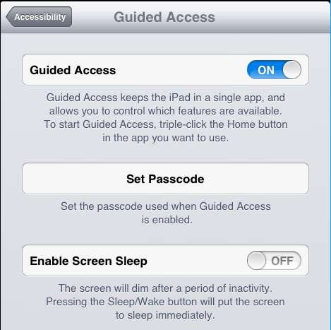 MEX Maintenance Software iPad General Guided Access Settings Menu