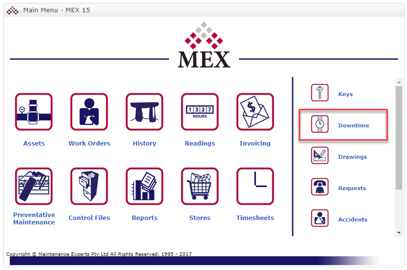 MEX Main Menu Downtime Button