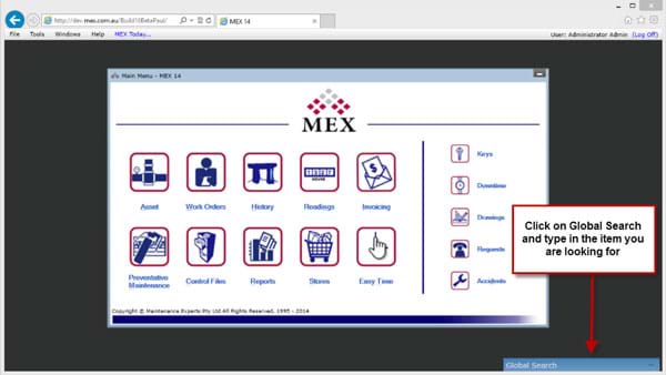Main Menu of MEX with Global Search
