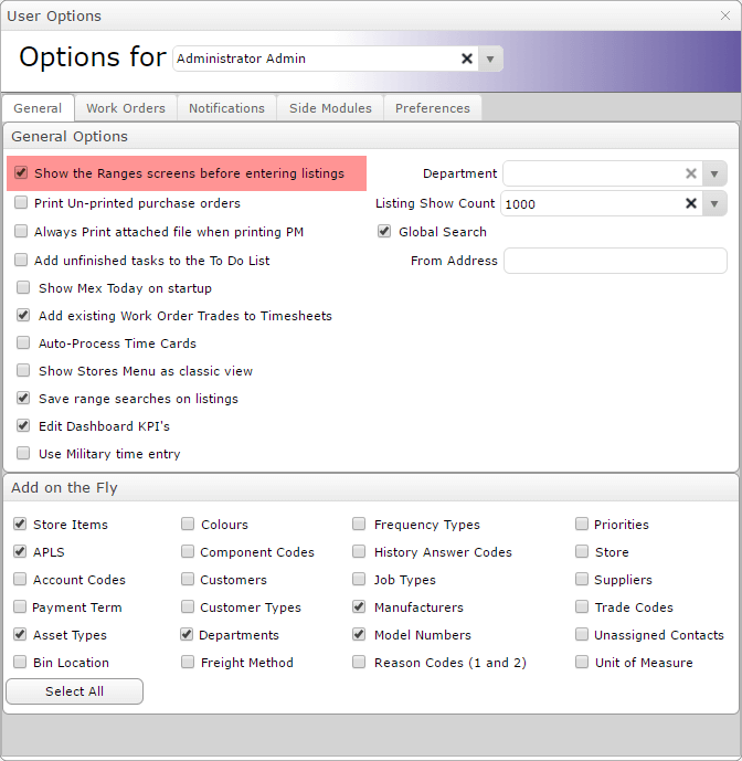 Show Ranges Screen Tools Options