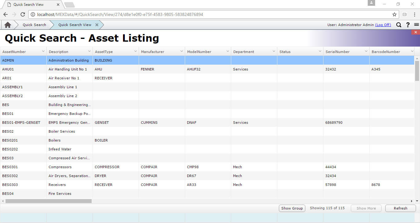 Quick Search Asset Listing