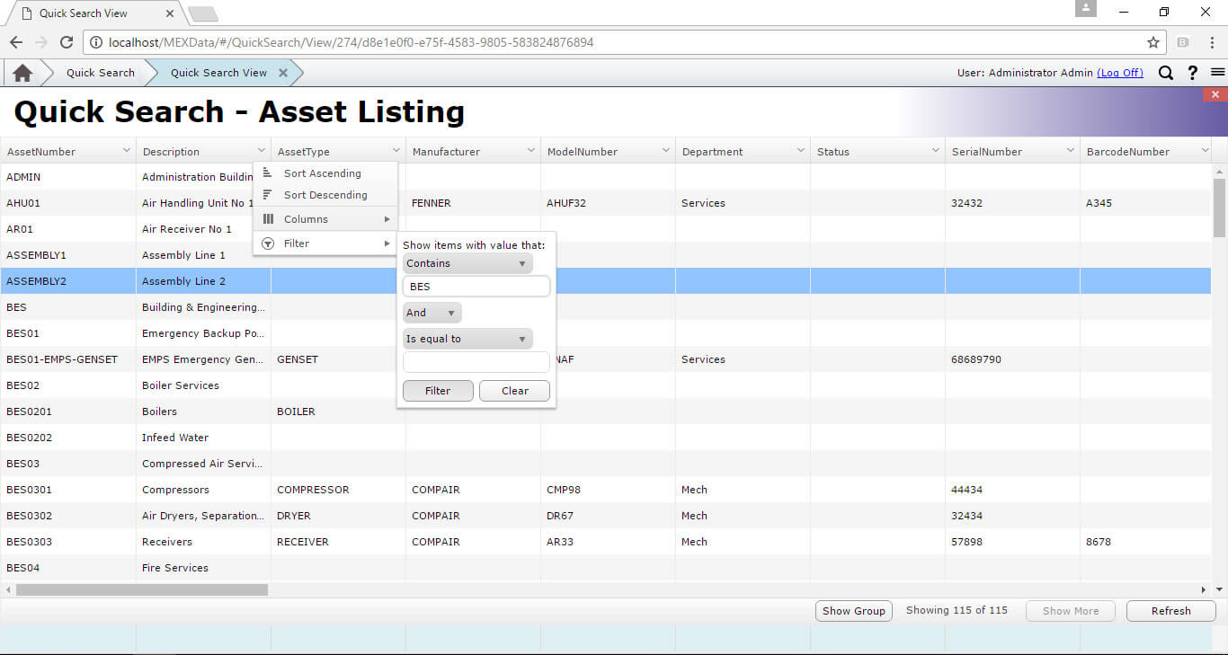 Quick Search Asset Listng - Sorting