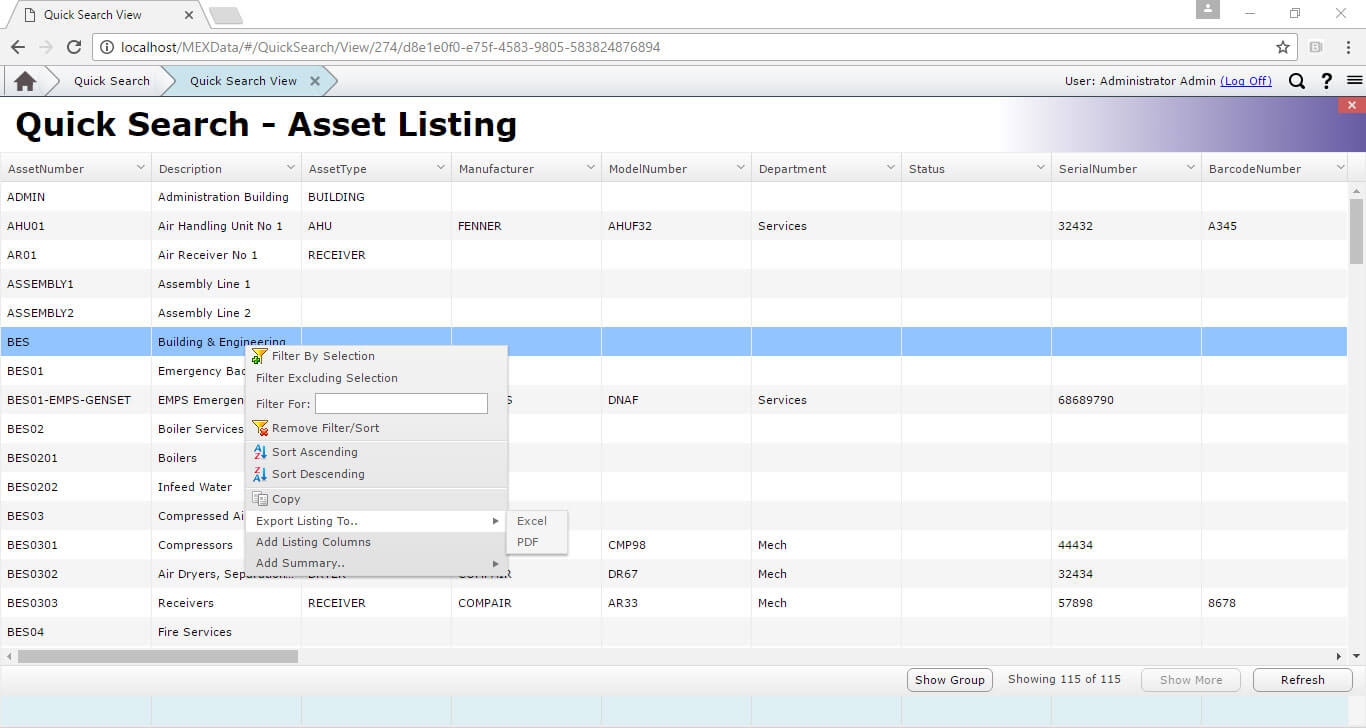 Quick Search Asset Listing - Filtering