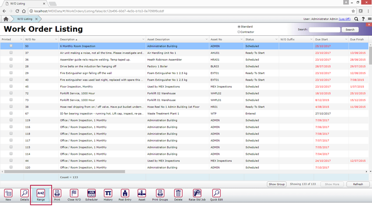 The Range button in the MEX Work Order Listing