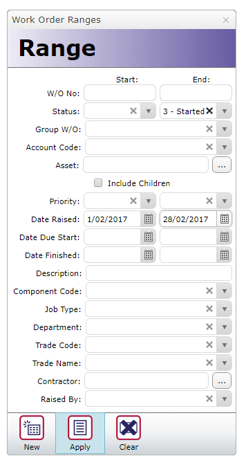 The Range option in the MEX Work Order Listing