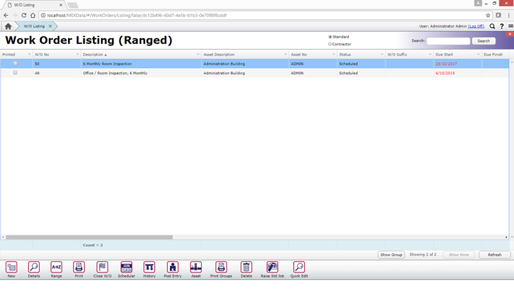 Work Order listing Ranged