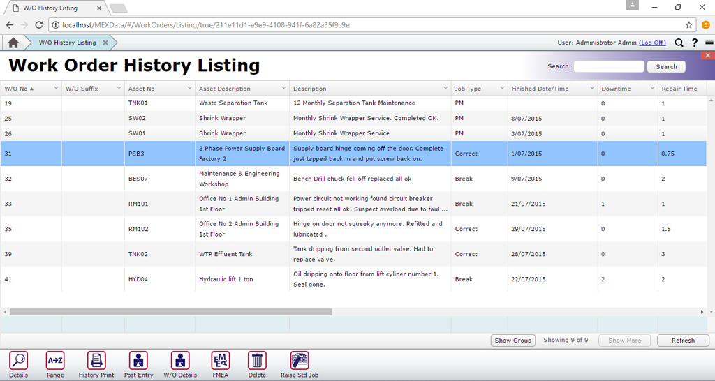 Work Order History Listing