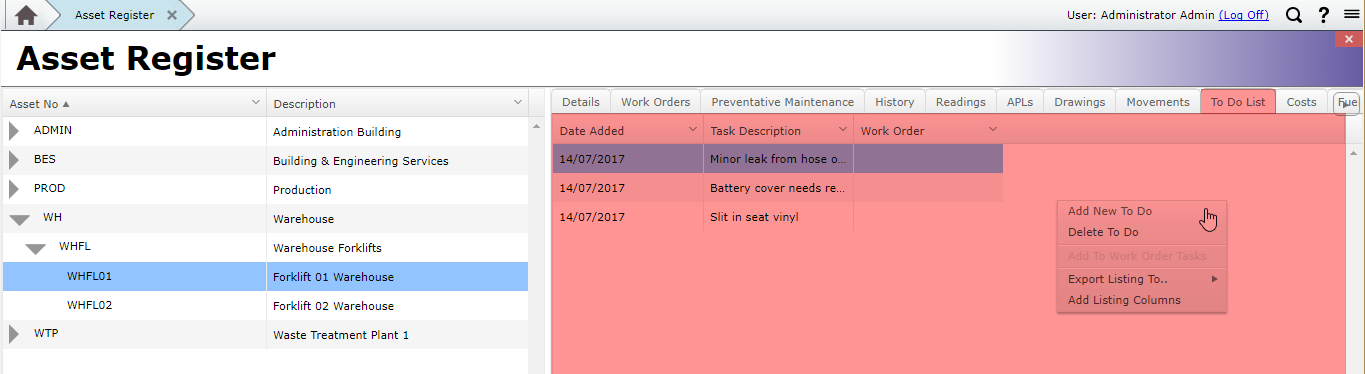 To Do List in Asset Register