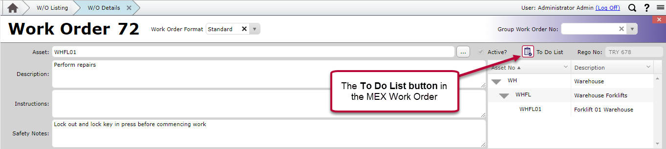 To Do List button in Work Order
