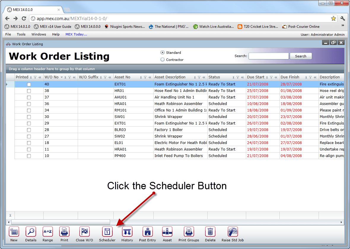 MEX Work Order listing