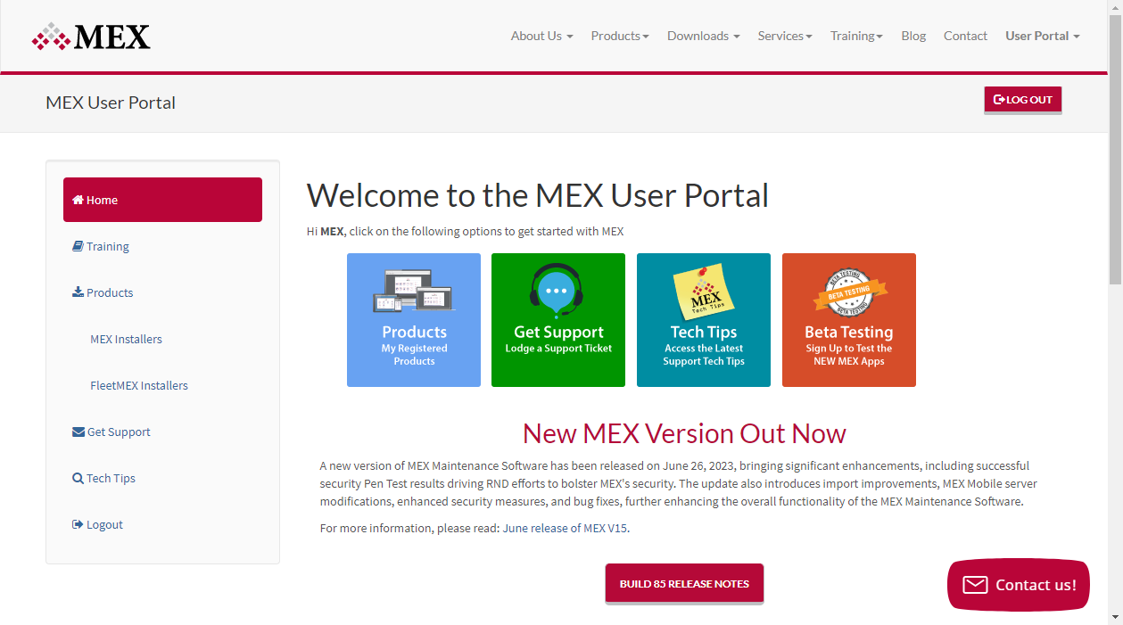 MEX User Portal Screen