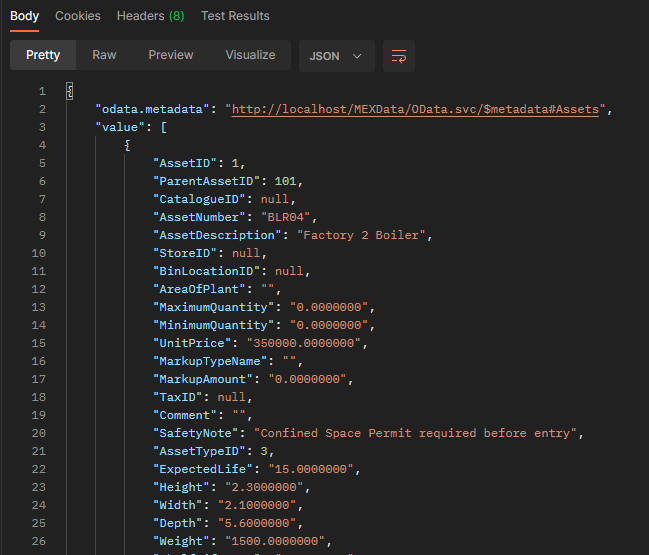 Postman returned Asset table